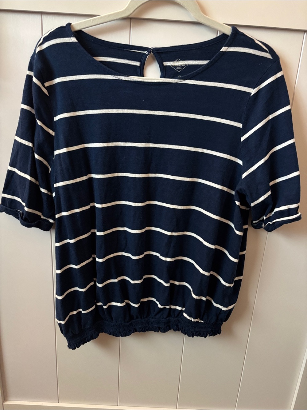 St. John's Bay Navy and White Striped Short Sleeve Tee with Elastic Hem